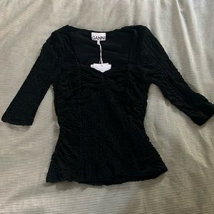 Ganni mesh style ruche textured square neck top